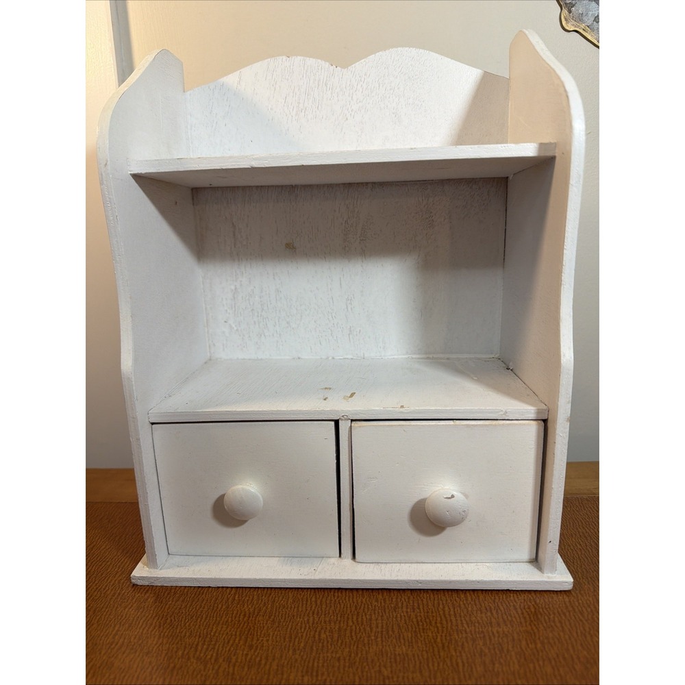 White Wooden Countertop Shelf With 2 Drawers: Tea Or Trinkets
